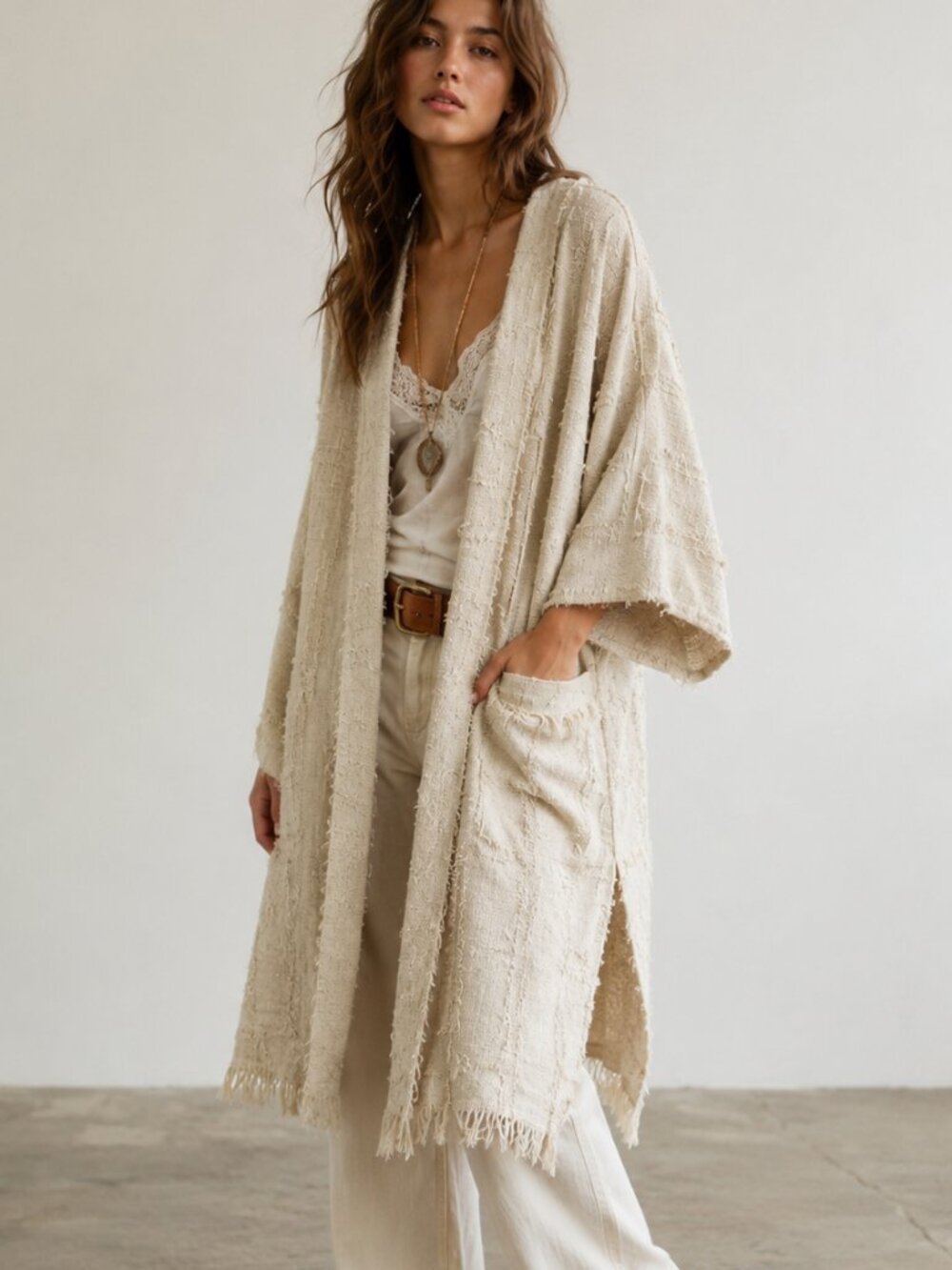 ANTHROPOLOGIE Pilcro Fringed Kimono Long Duster Cardigan Metallic Fringe OS NWT